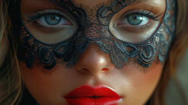 Close-up of a female with striking blue eyes, wearing an intricate black lace mask and bold red lipstick, exuding an air of mystery. photo