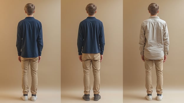 Young Caucasian male model showcasing three different casual shirt styles from the back, emphasizing fashion versatility. photo