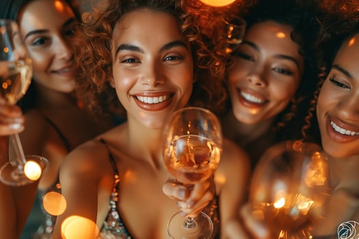 Four joyful women of diverse ethnicities celebrate together, holding sparkling glasses in a warm, softly lit atmosphere. photo