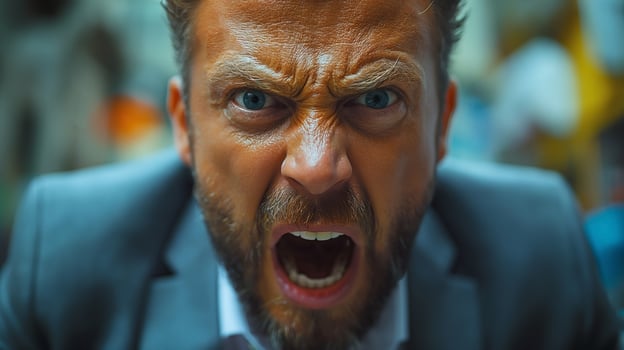 Angry middle-aged man with a beard in a suit expressing frustration outdoors. photo