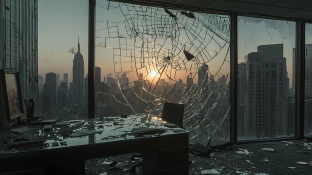 Shattered Office Window Sunrise Cityscape Urban Destruction Disaster Scene photo