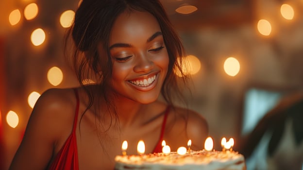 Smiling young Black woman celebrating her birthday with a delicious cake adorned with candles, capturing the joy of the moment. photo