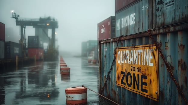 A close-up of a weathered quarantine sign on a shipping container amidst a foggy port setting. photo