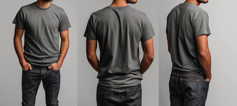 A young man of Middle Eastern descent showcases a casual gray T-shirt, revealing multiple angles and a relaxed attitude. photo