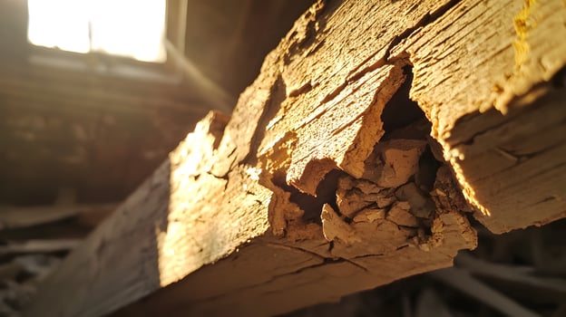 Sunlit Decaying Wooden Beam Close up Detail of Damaged Timber Rustic Texture photo