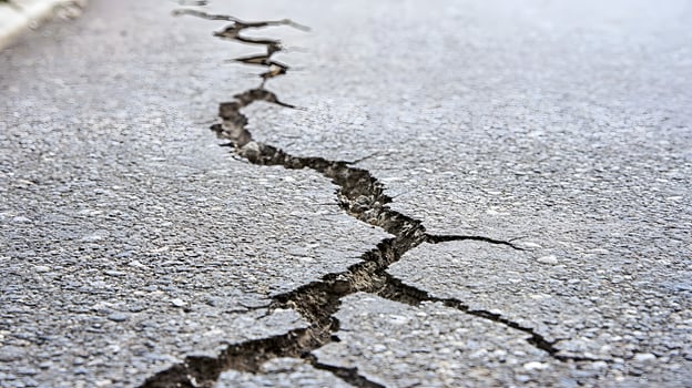 Severe Asphalt Crack Damage Road Surface Fracture Detailed Closeup View photo