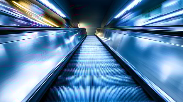 Dynamic Modern Escalator in Motion Blue Steel Urban Transportation Moving Steps photo
