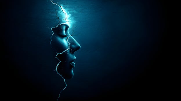 Abstract Woman s Face Profile Cracked Texture Dark Blue Mystical Digital Art photo