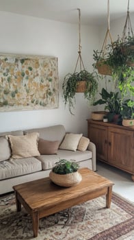 A living room with a couch, coffee table and plants photo