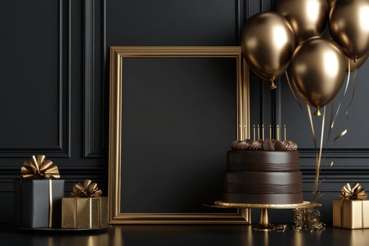 Golden birthday cake with balloons and gift boxes on a black background photo
