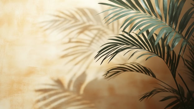 Palm leaves on a wall with a light background photo
