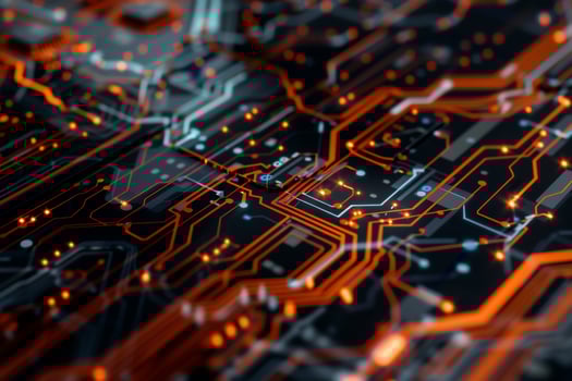 Detailed circuit board with glowing orange pathways photo