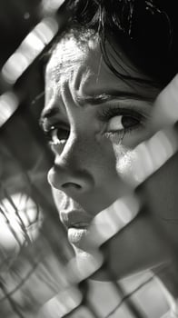 A woman is looking through a fence photo