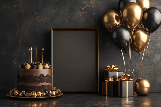 A black and gold cake with candles and balloons on a dark background photo