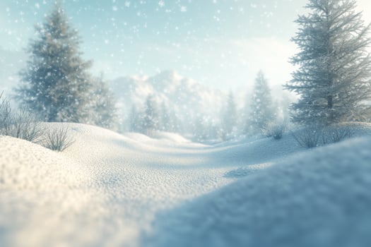 Winter landscape with snow falling on trees and forest photo