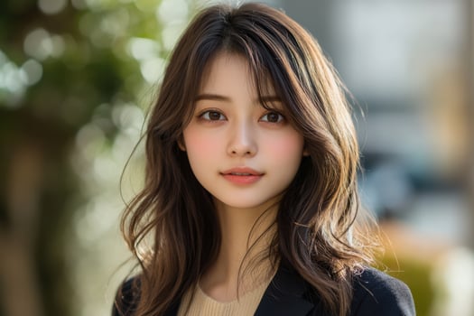 Young woman. Pretty face. Long brown hair. Natural light. Peaceful expression. Looking at camera. Outside scene. Calm mood. Beauty portrait. Happy girl. photo