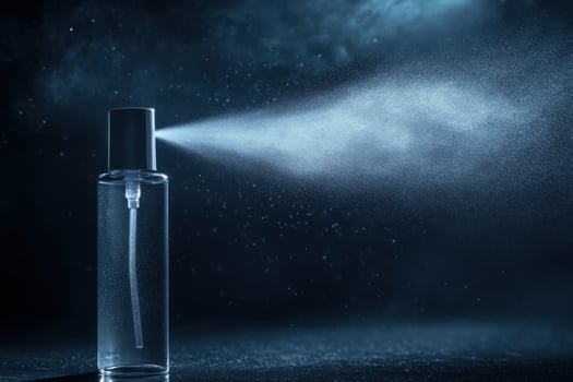 Glass bottle sprays a fine mist. Cosmetic liquid spray from transparent container. Blue dark background shows the spray in motion. Abstract water drop with bottle. photo