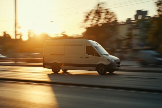 White Delivery Van Driving Fast on Road During Golden Hour Sunset, Blurred Motion, Transportation, City. photo