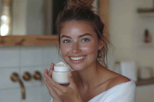 Smiling woman presents skin cream. Soft focus. Bathroom background. Beauty product. Hydrating moisturizer. White jar. Skincare treatment. Clean beauty. Routine wellness. photo