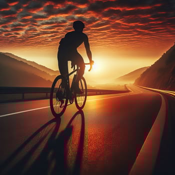 silhouette of cyclist on asphalt road walking through landscape at sunset photo