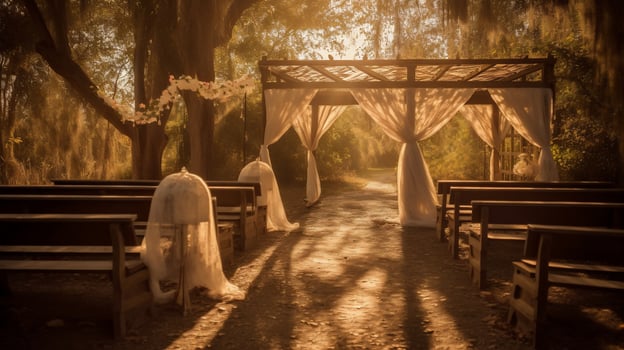Rustic wedding ceremony under a warm golden sunset photo