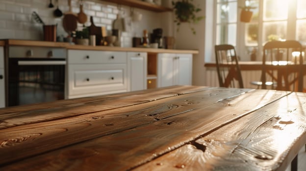 Rustic wooden kitchen table, sunlit photo