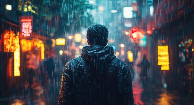 A person stands in a vibrant urban setting amidst rain, surrounded by neon lights. The scene captures the challenges of cybersecurity as data breaches heighten risk management concerns. photo