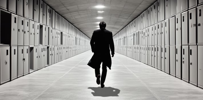 A cybersecurity professional in a suit walks confidently through a corridor filled with secured data storage lockers. This setting emphasizes the importance of risk management and data safety. photo