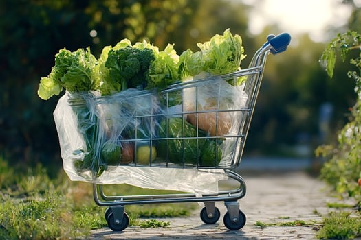 Shopping cart full of fresh vegetables stands on garden path photo
