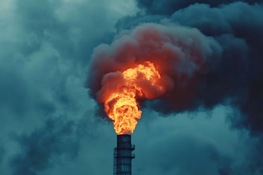 Industrial chimney emitting fire and smoke into polluted sky photo