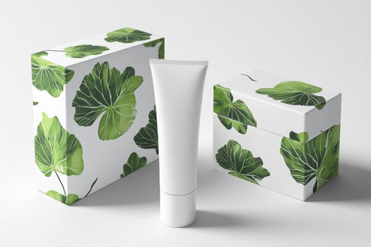 Skincare packaging mockup featuring green leaves pattern on white background photo