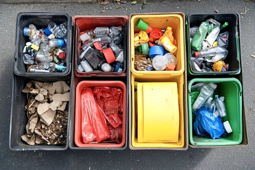 Colorful bins overflowing with recyclable waste promoting environmental awarenes photo