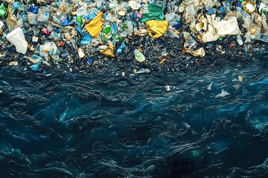Plastic garbage polluting water in ocean or river photo