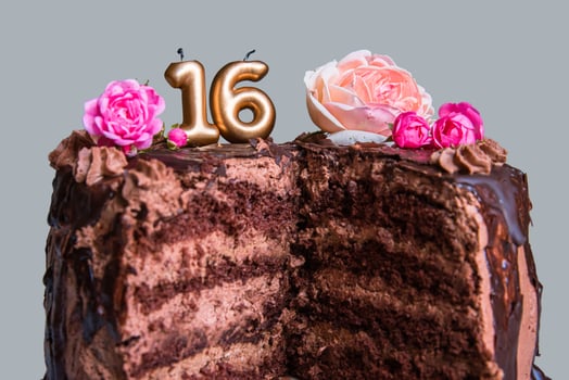 Sweet sixteen chocolate birthday cake decorated with golden glowing lit 16 candles and pink roses. Handmade torte for celebration of a special milestone event. Card design. Selective focus. 07 photo