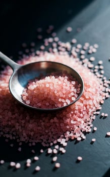 Coarse pink salt crystals are scattered on a dark surface, with a metallic spoon resting among them, filled with more sal photo