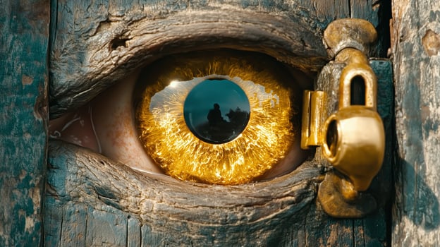 A striking visual representation of cybersecurity, showcasing a large, golden eye peering through a wooden door. photo