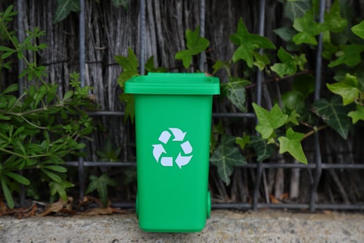 Green recycling bin on nature, eco container, recycle concept photo