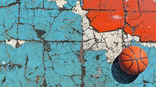 Cracked Basketball Court Paint Texture with Orange and Turquoise Colors and Basketball photo