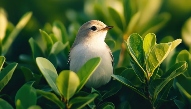 Songbird Nestled Among Greenery Nature Scene Close-Up Lush Background Copyspace photo