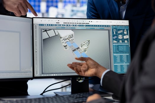 Solar energy production facility programmer writing software code on computer, developing tools to manage robotic machinery operations under supervisor surveillance, close up shot photo