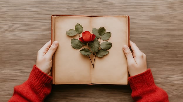 Romantic Gesture with a Red Rose on an Open Book Surrounded by Leaves in a Cozy Setting photo