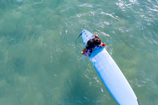 Drone view of Asian Surf board man plays surf in the sea beach at Kata Beach, Phuket Thailand.2 photo