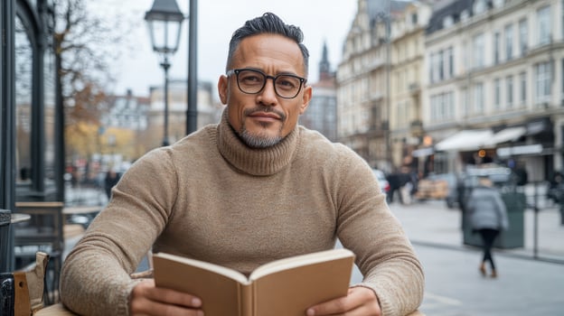 A man in glasses is reading a book outside photo