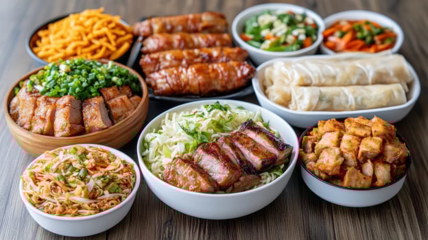 vibrant traditional feast featuring various dishes, including grilled meats, noodles photo