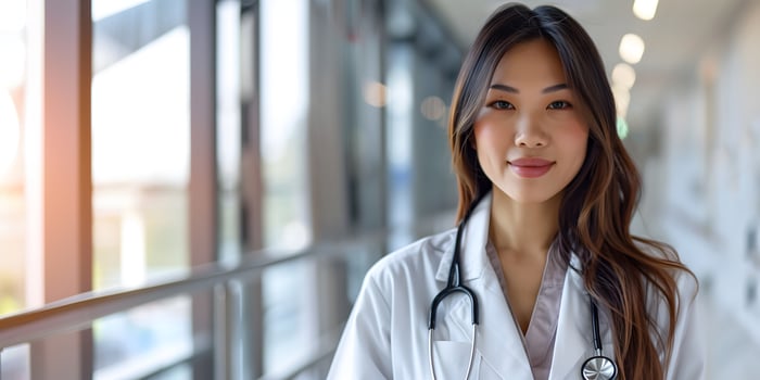 Well-Lit Medium-Shot of an Asian Female Doctor with Long Hair and a Confident Expression photo