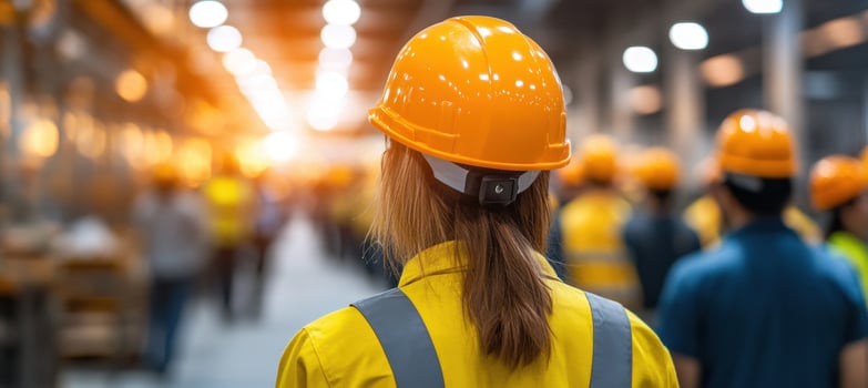 Woman engineer wearing protective equipment walking on construction site and supervising construction workers photo
