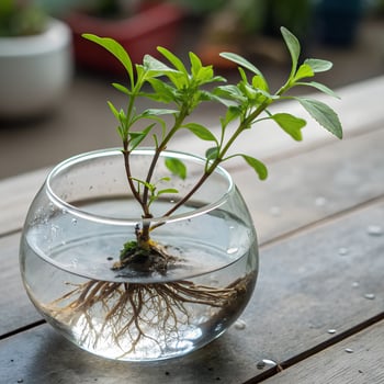 Plant in Glass Bowl with Water and Roots on Wooden Table Top View close up Studio Shot photo