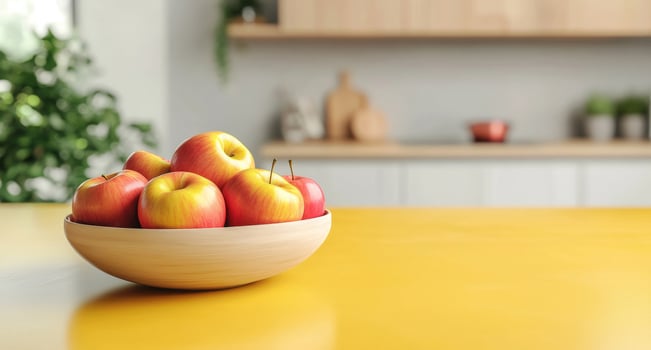Ripe apples against the background of a kitchen with a modern interior and a bright countertop, creating a bright and inviting atmosphere. photo