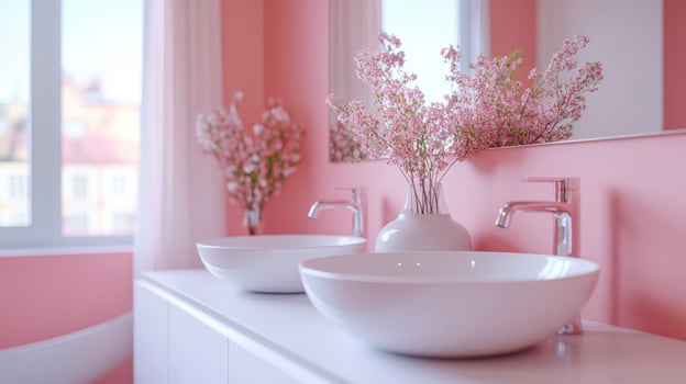 Two white ceramic sinks with modern faucets and cherry blossom decoration in a pink bathroom interior photo