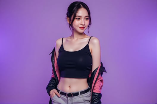 Asian woman in black top and pink jacket posing against purple background photo